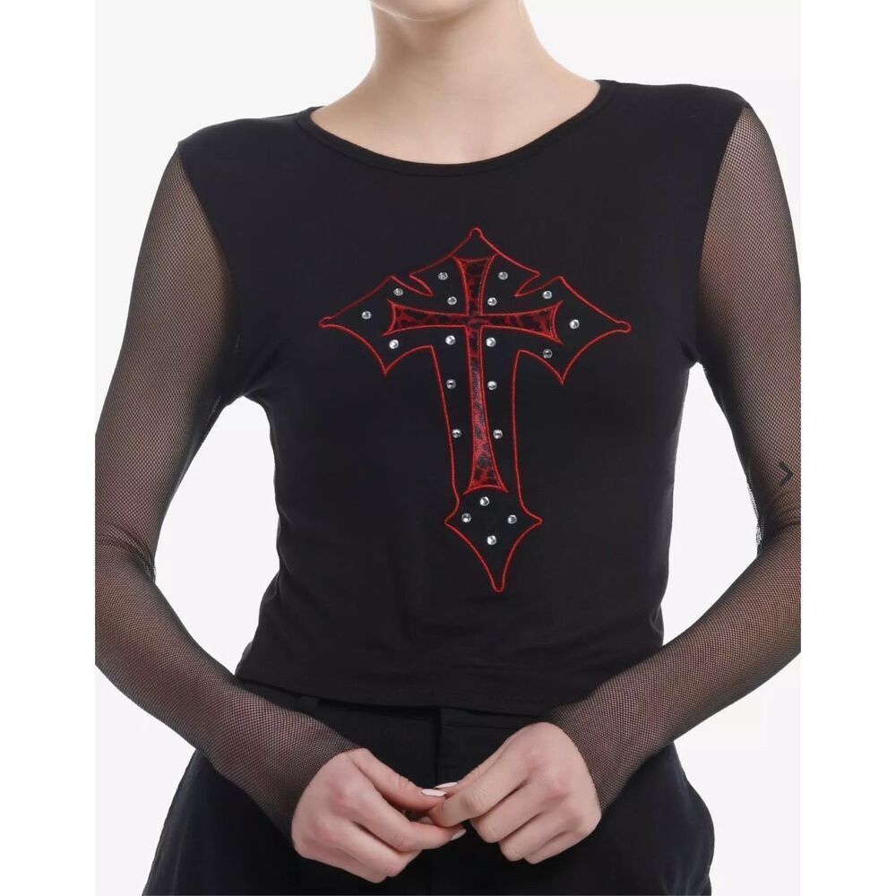 Social Collision Leopard Print Gothic Cross Fishnet Sleeve Top Nwot Medium
